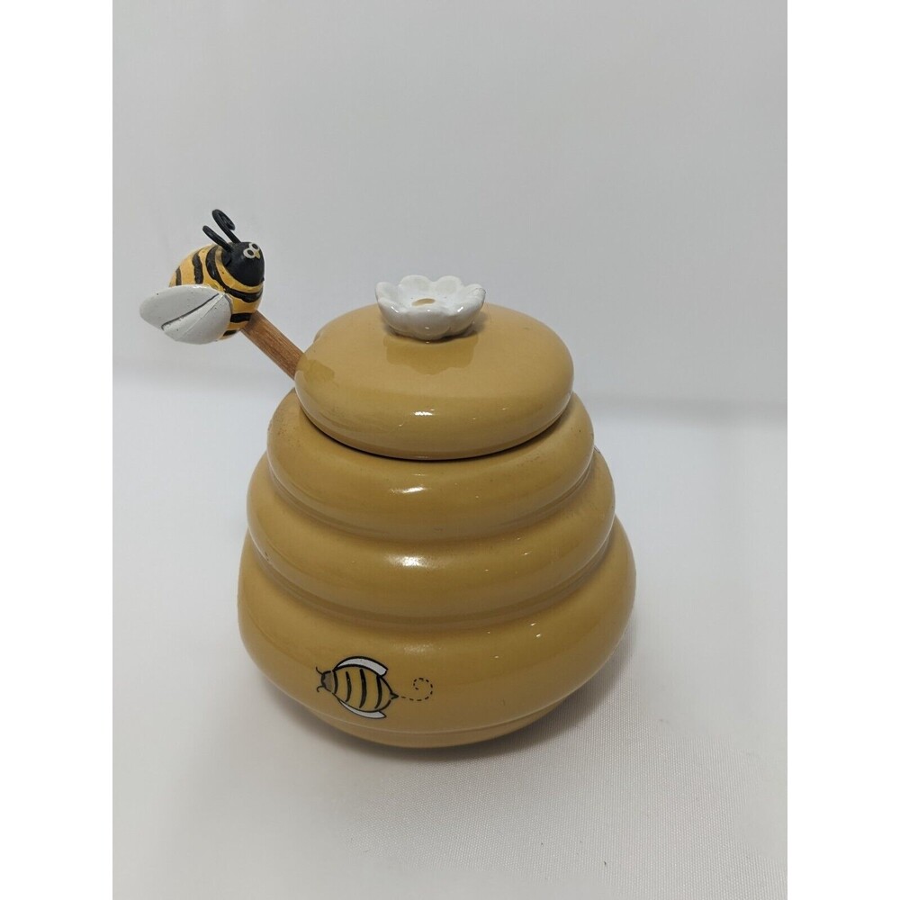 Beehive Honey Pot - Miel Ceramic Jar w/ Daisy Handle Lid Wood Bumble Bee Dipper